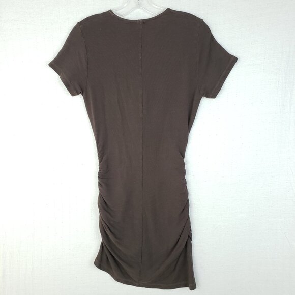 MONROW Supersoft Front Wrap Dress in Cocoa Brown Asymmetrical size M Ruched - Picture 7 of 13